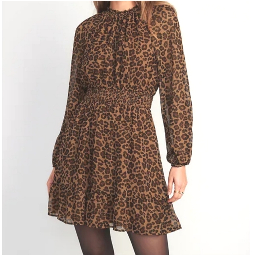 NWT Old Navy Romantic Leopard Animal Print Mini Dress Smocked Waist - M